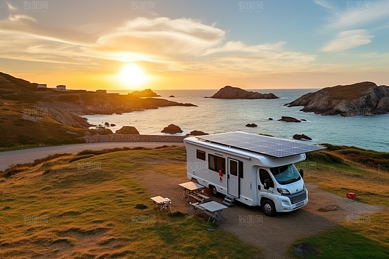 太阳能房车旅行景色摄影图