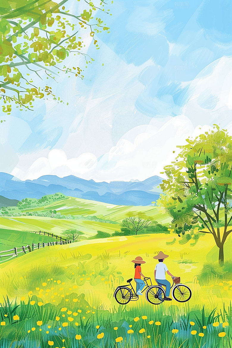 清明踏青春游手绘插画