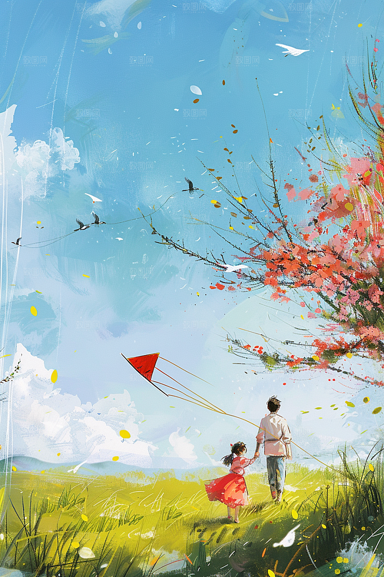 清明踏青踏春手绘插画