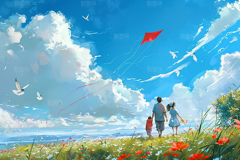 清明踏青心旷神怡放松插画