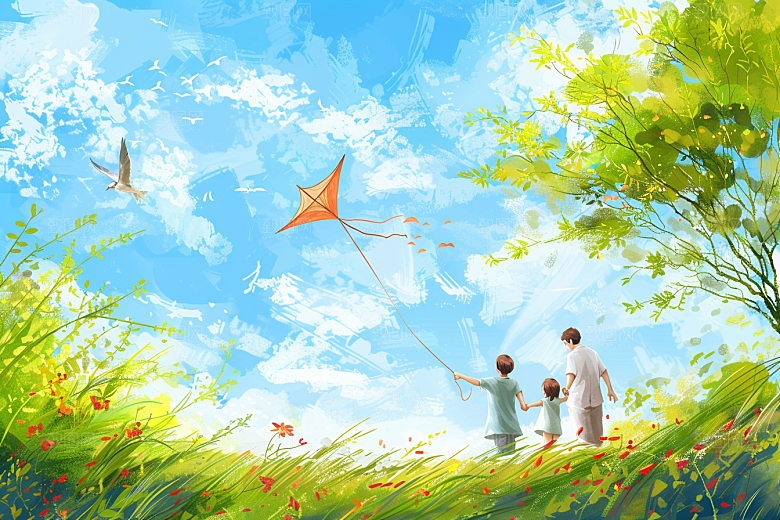 清明踏青自然呼吸新鲜空气插画