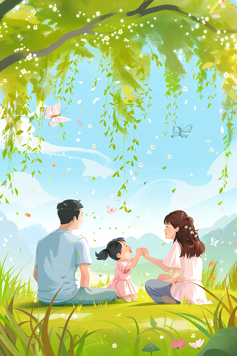 清明踏青心旷神怡原野插画