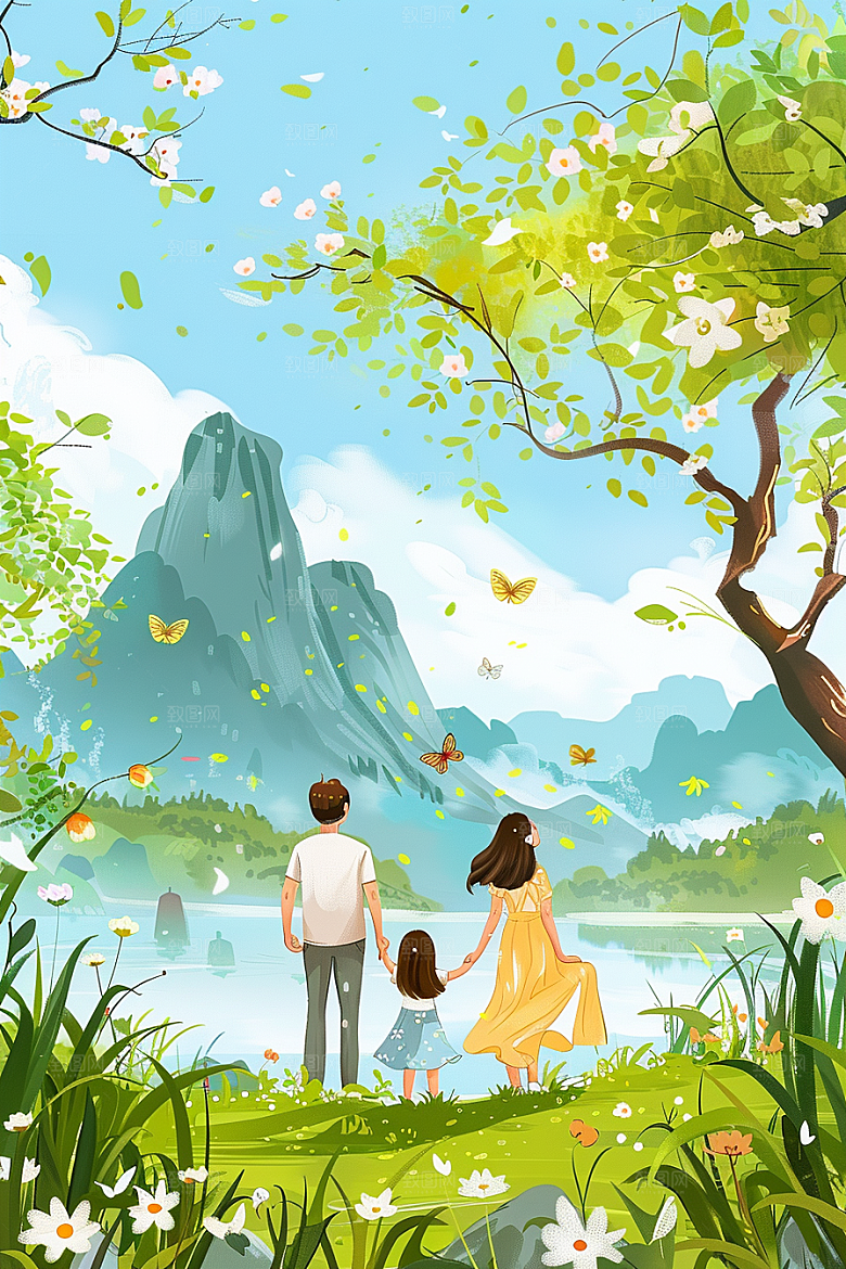 清明踏青郊游自然插画