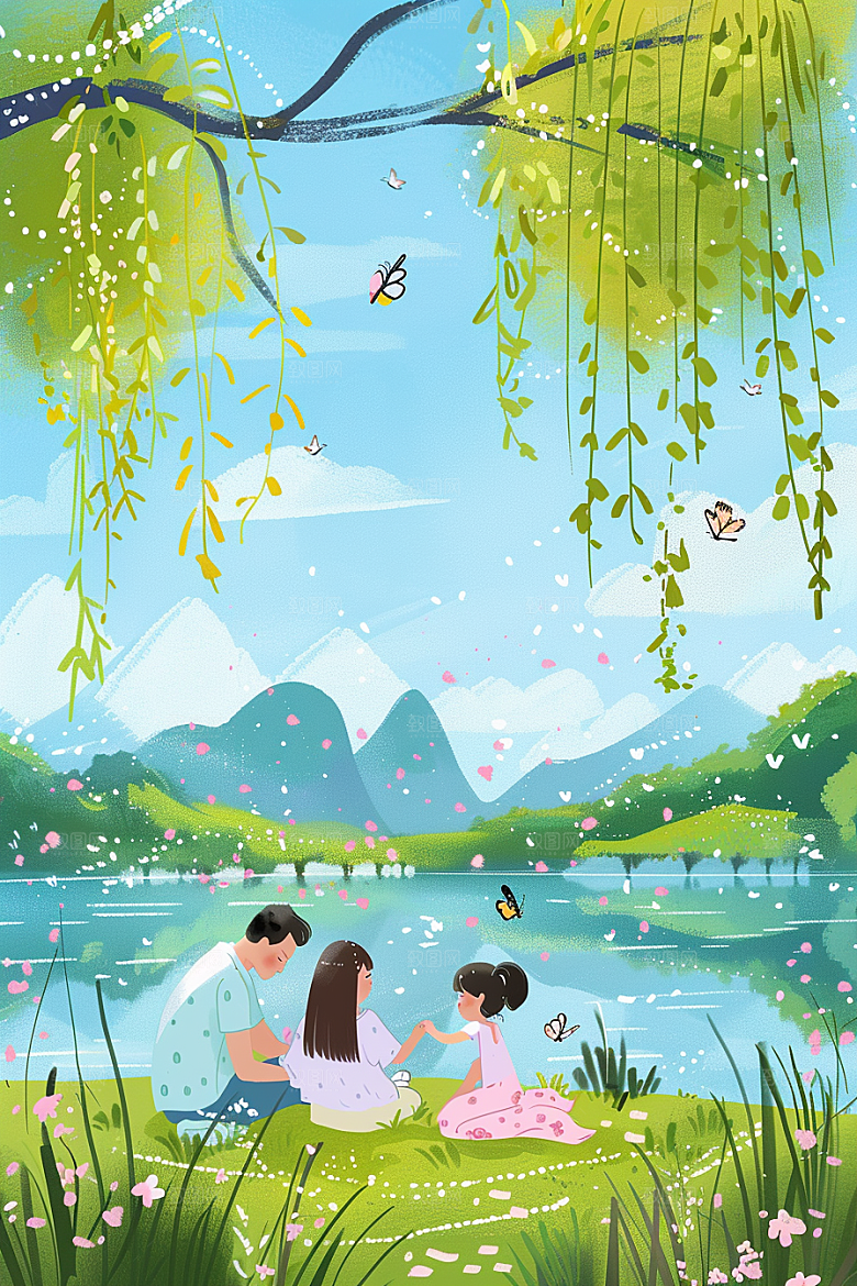 清明踏青清新放松插画