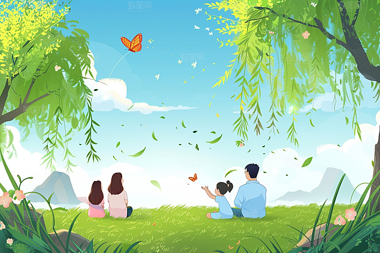 清明踏青春游郊外插画