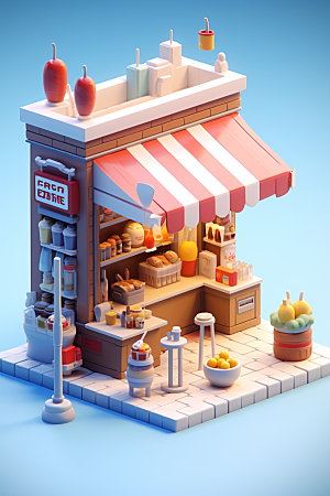 街边小摊食品店卡通模型