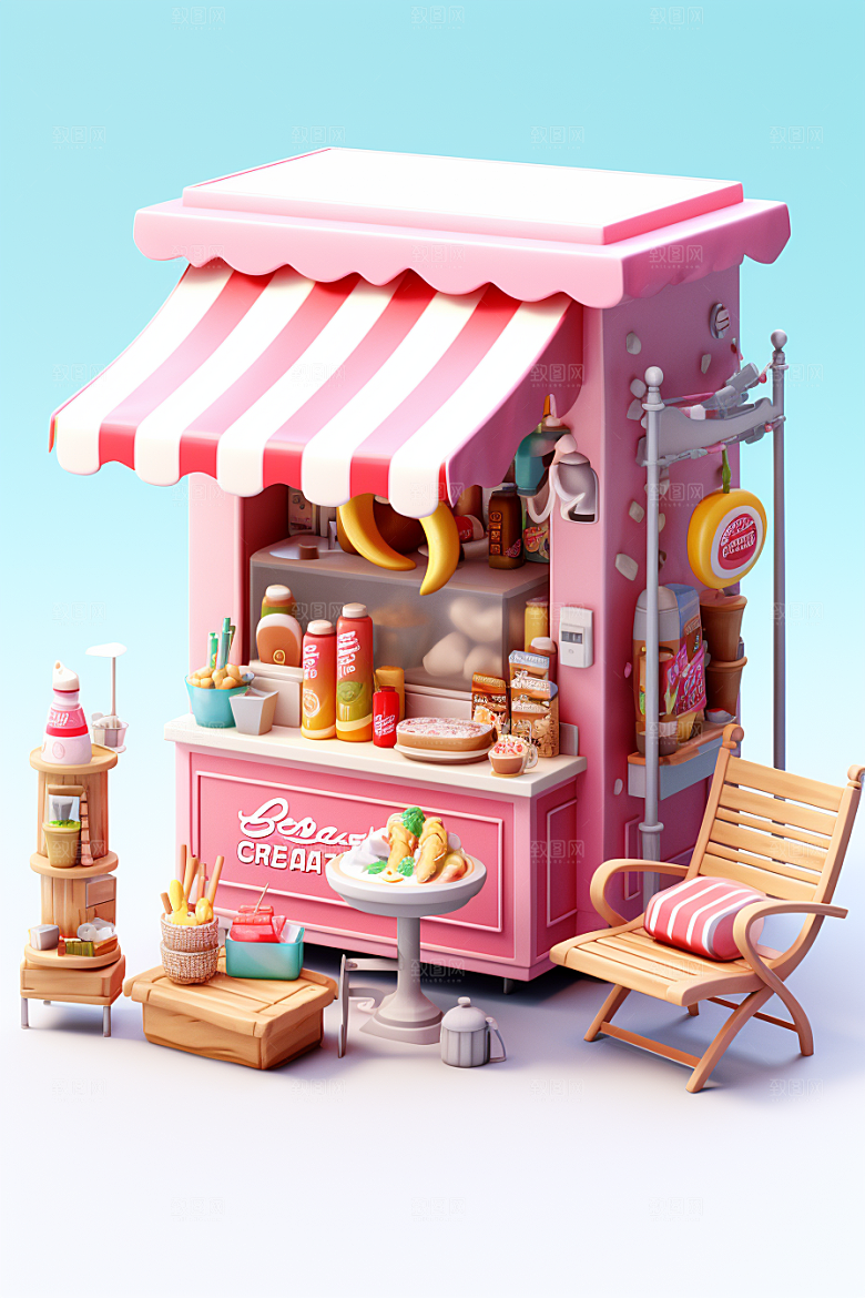 街边小摊食品店小吃摊模型