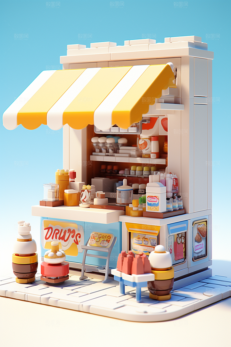 街边小摊食品店卡通模型