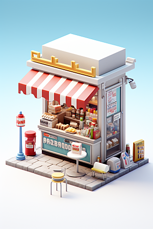 街边小摊食品店卡通模型