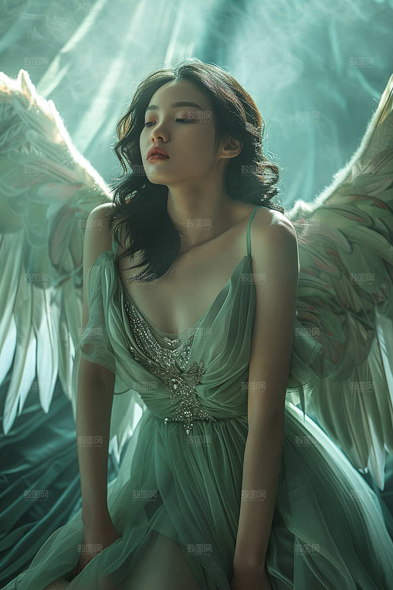 天使女神羽毛翅膀写真摄影图