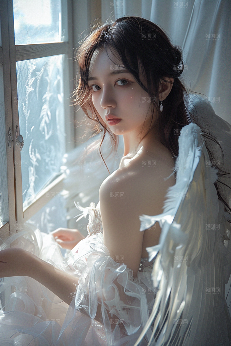 天使女神羽毛翅膀肖像摄影图