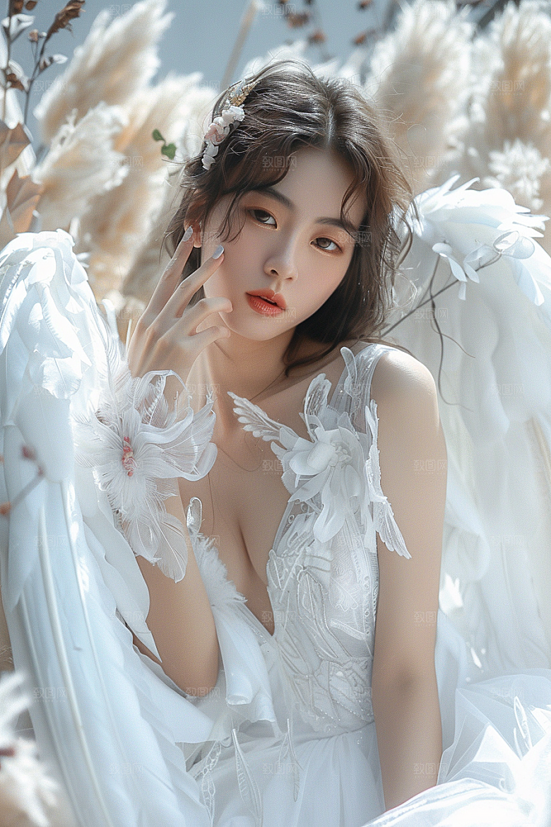 天使女神肖像羽毛翅膀摄影图
