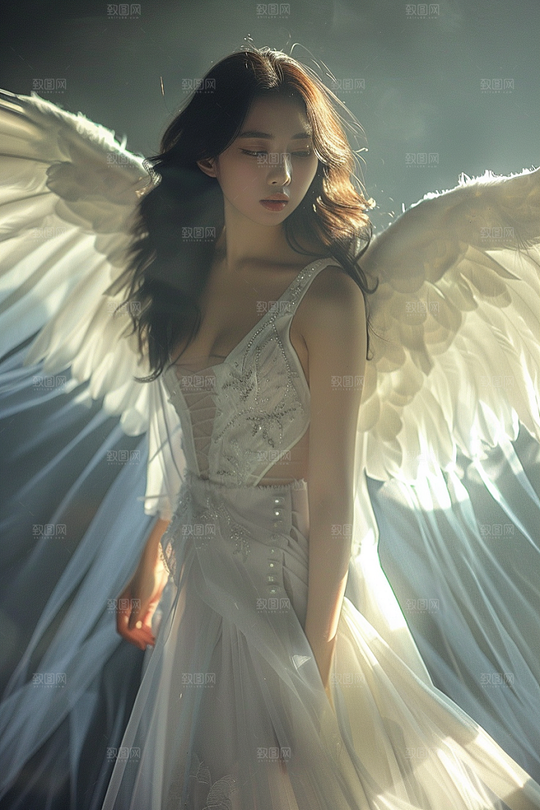 天使女神美女羽毛翅膀摄影图