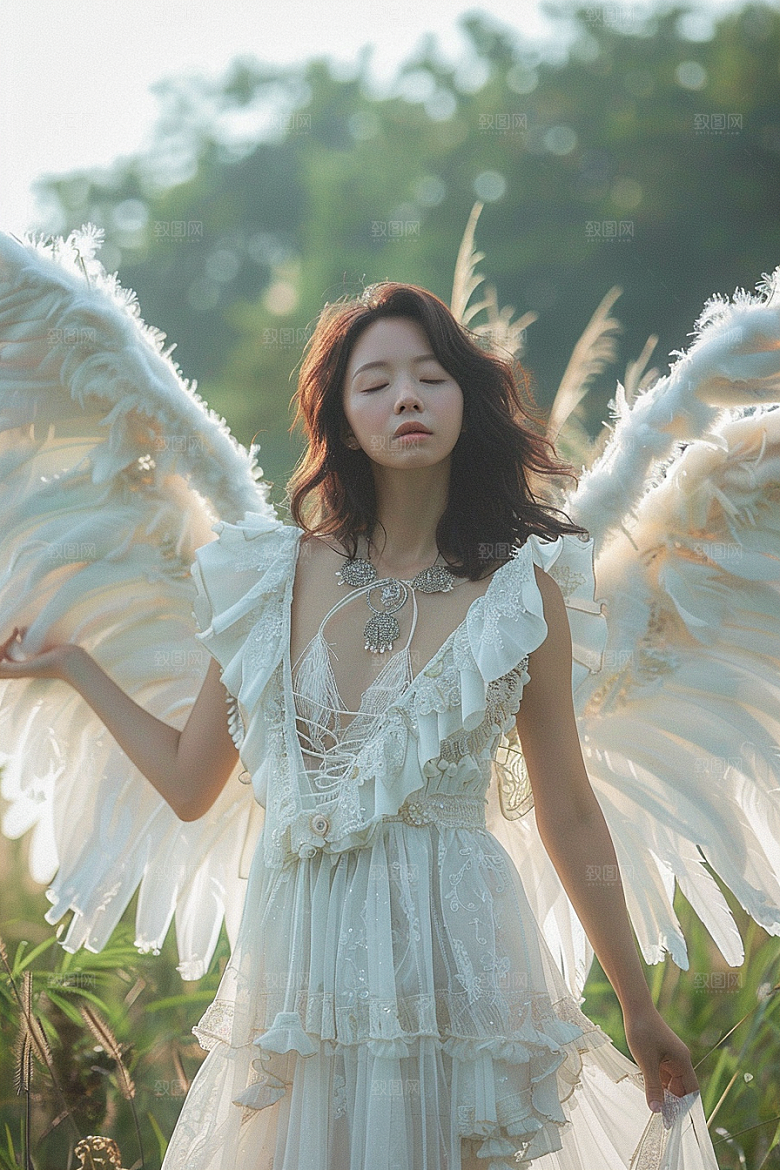 天使女神梦幻羽毛翅膀摄影图