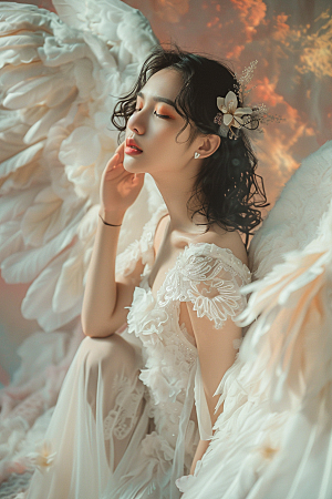 天使女神梦幻羽毛翅膀摄影图