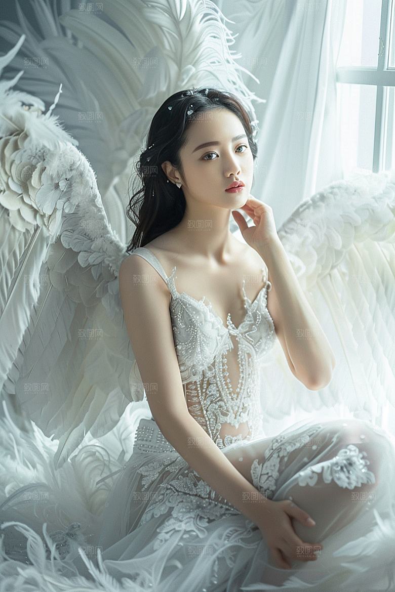 天使女神肖像羽毛翅膀摄影图