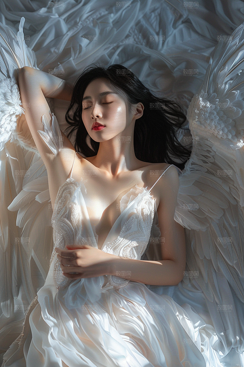 天使女神羽毛翅膀写真摄影图