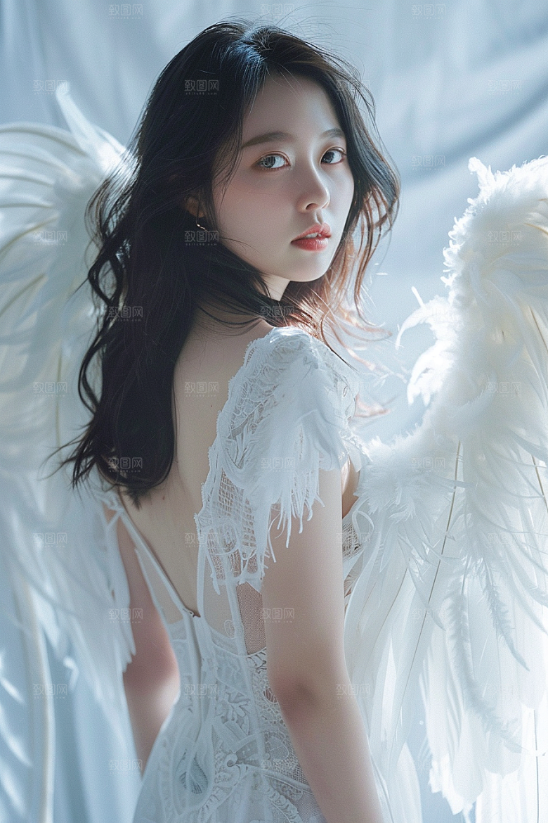 天使女神羽毛翅膀写真摄影图