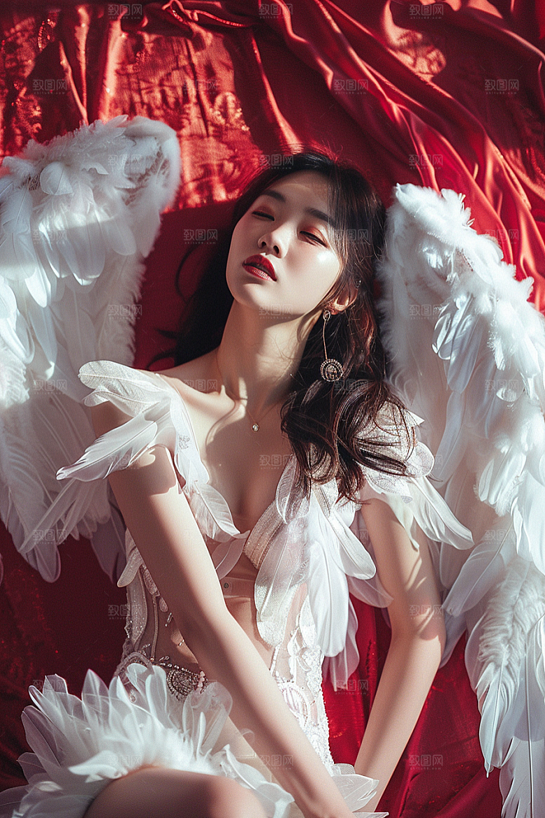 天使女神白色羽毛翅膀摄影图