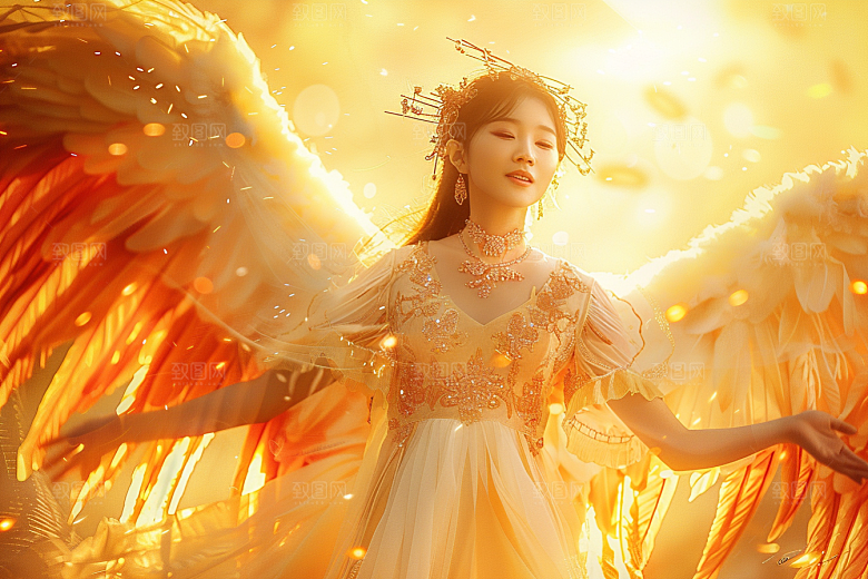 天使女神白色羽毛翅膀摄影图