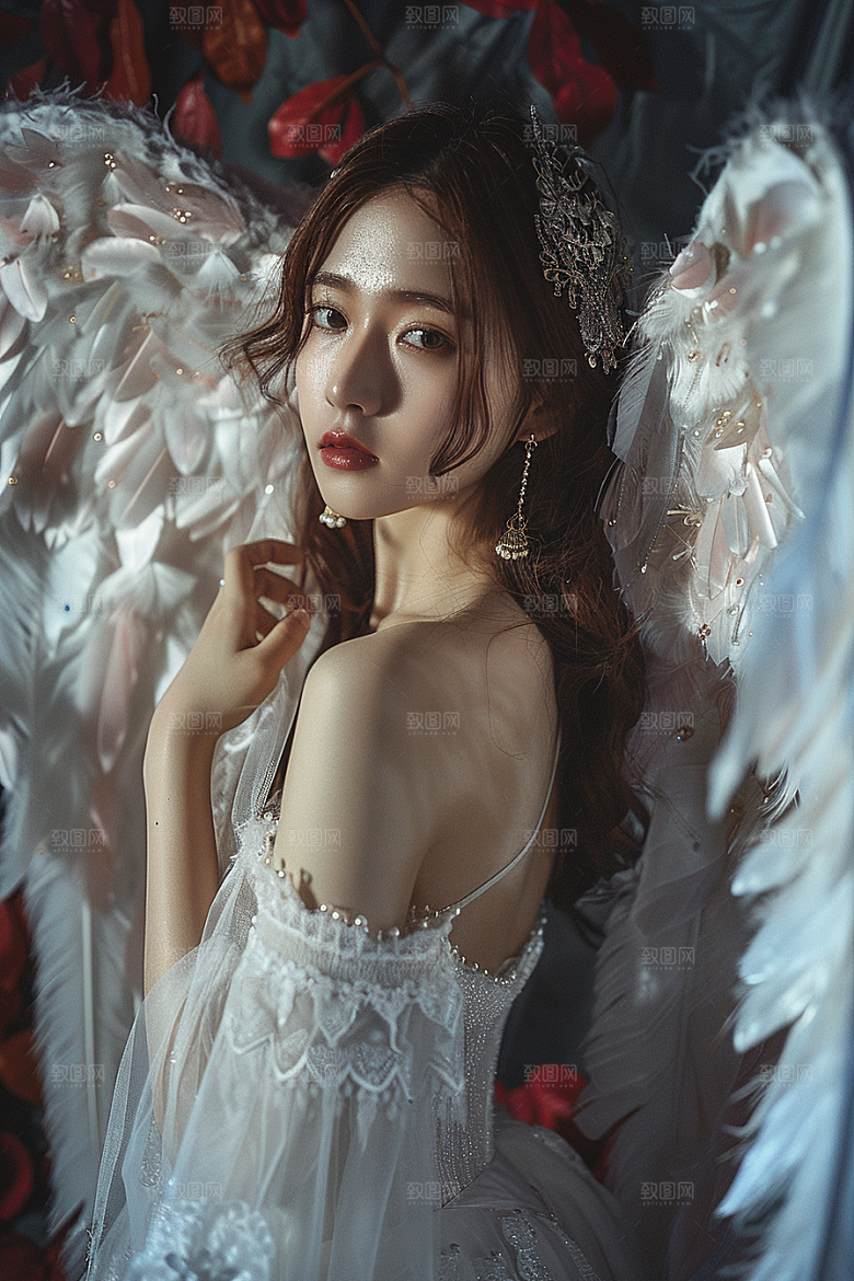 天使女神美女羽毛翅膀摄影图