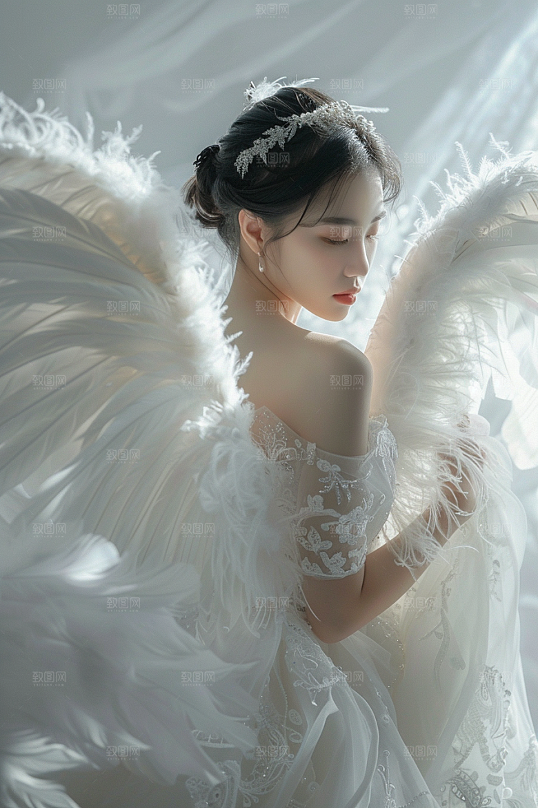天使女神羽毛翅膀清新摄影图