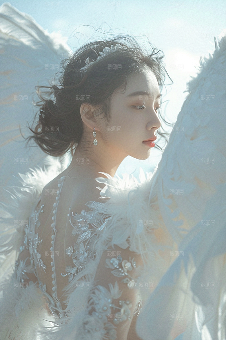 天使女神羽毛翅膀白色摄影图