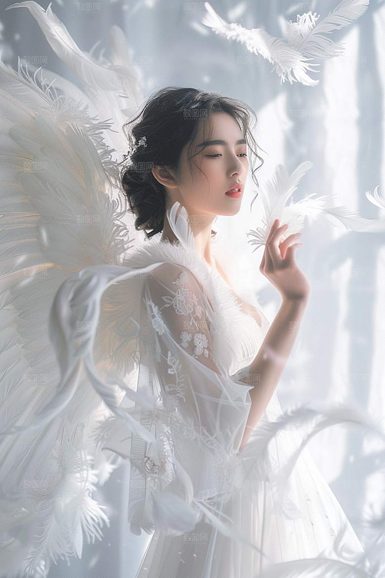 天使女神美女羽毛翅膀摄影图