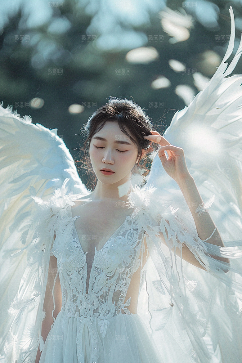 天使女神纯洁羽毛翅膀摄影图