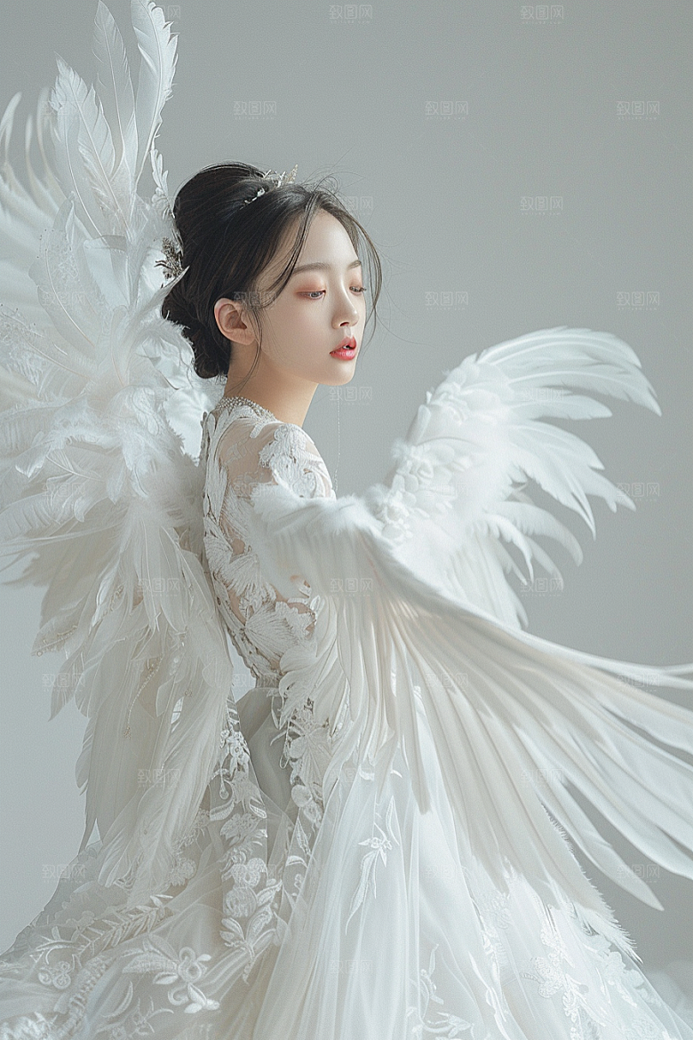 天使女神羽毛翅膀写真摄影图