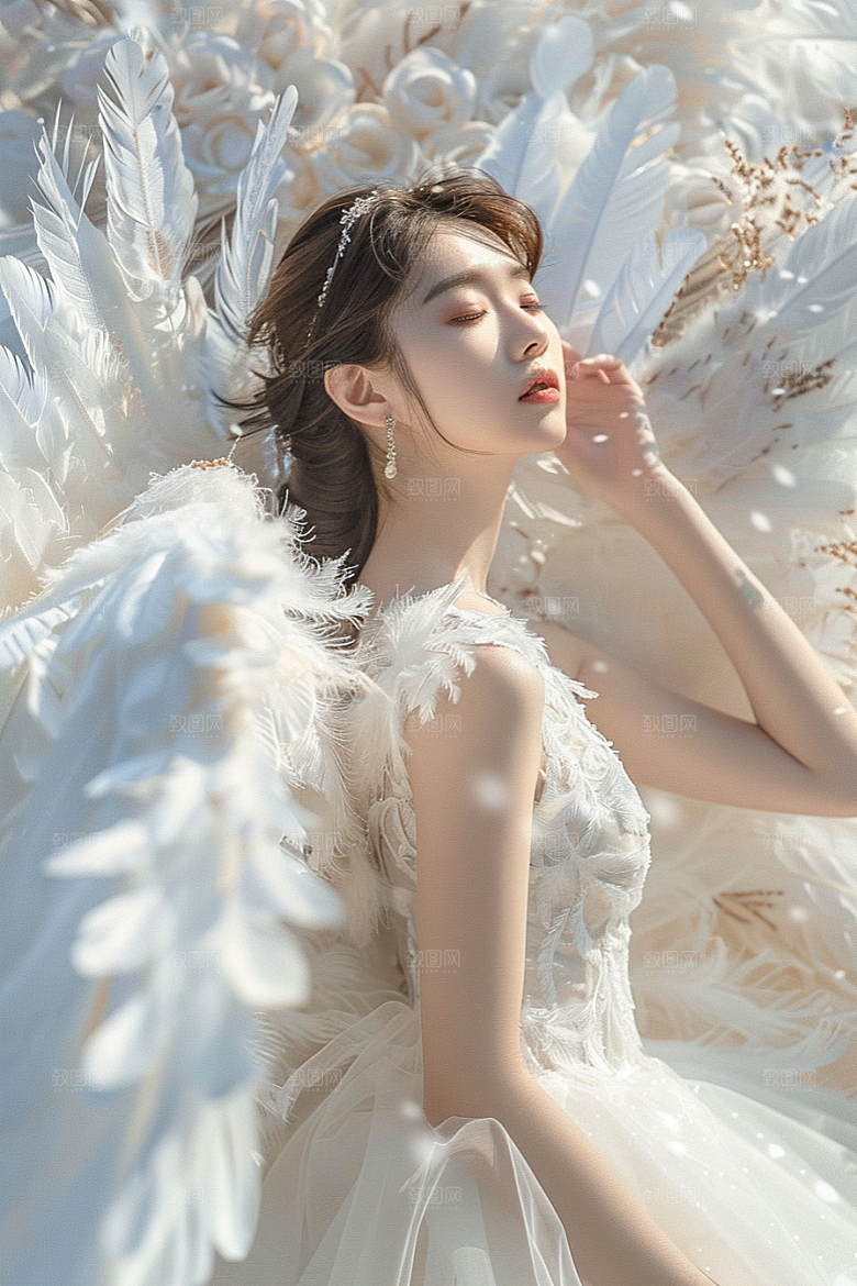 天使女神羽毛翅膀写真摄影图