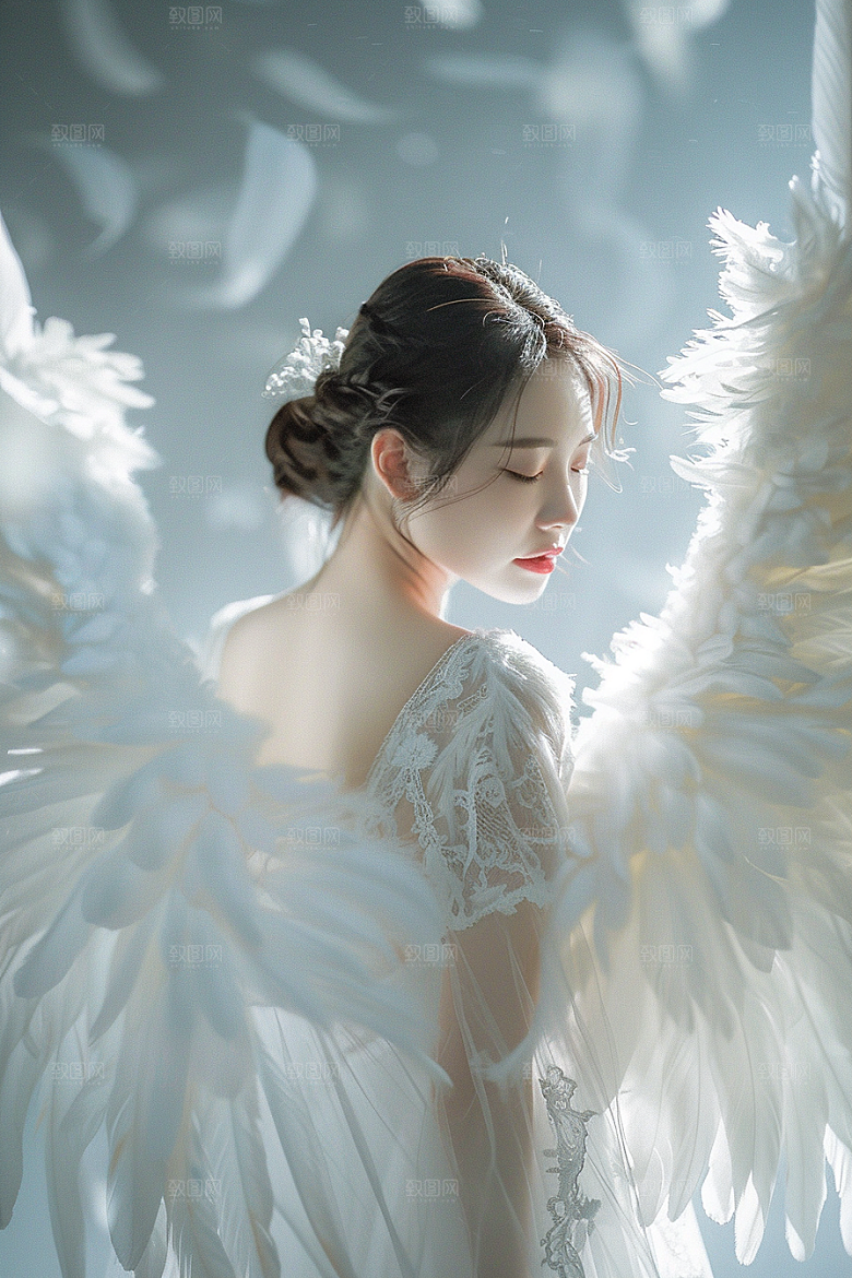 天使女神梦幻羽毛翅膀摄影图