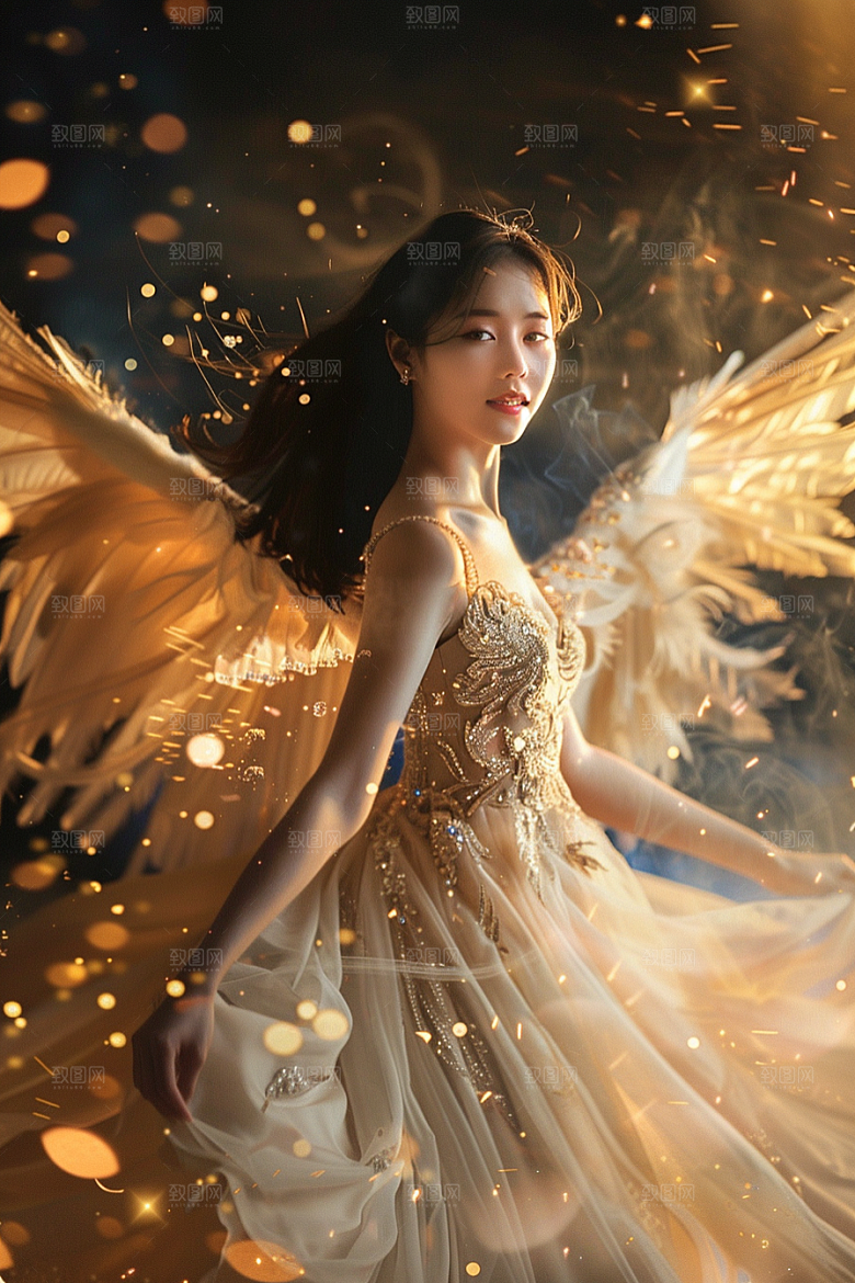 天使女神肖像羽毛翅膀摄影图