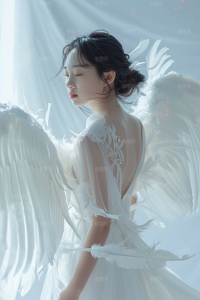 天使女神美女羽毛翅膀摄影图