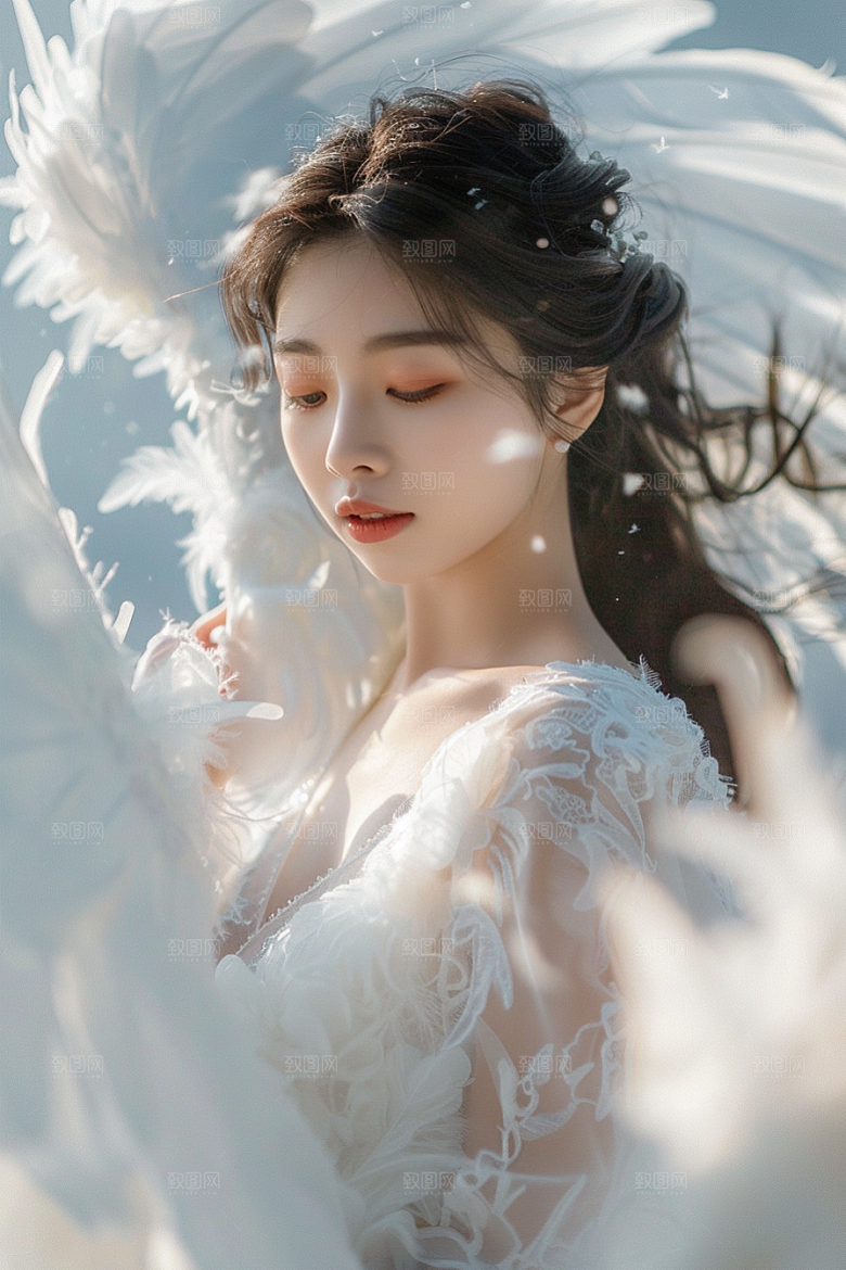天使女神羽毛翅膀写真摄影图