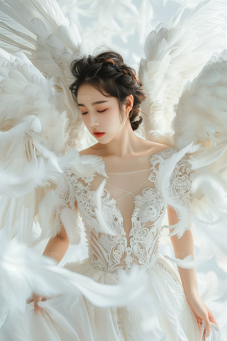 天使女神羽毛翅膀肖像摄影图