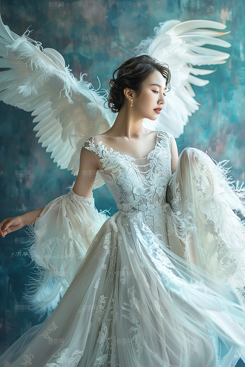 天使女神白色羽毛翅膀摄影图