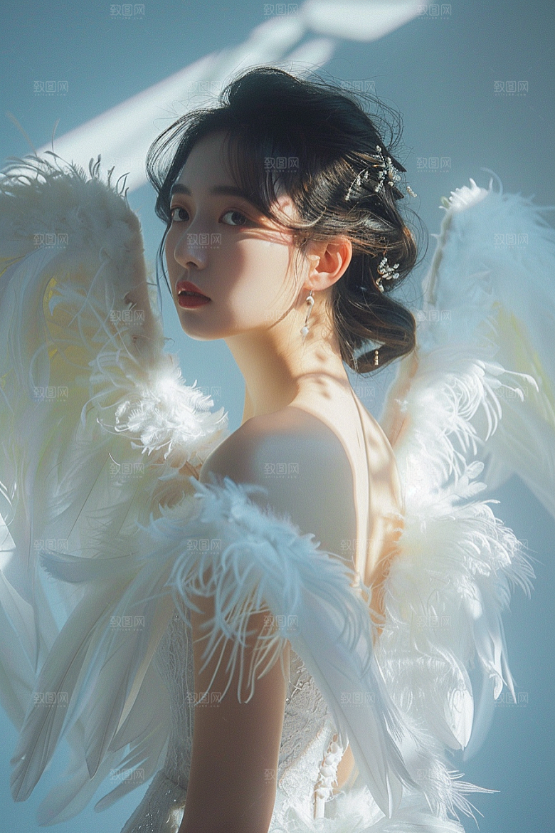 天使女神羽毛翅膀美女摄影图