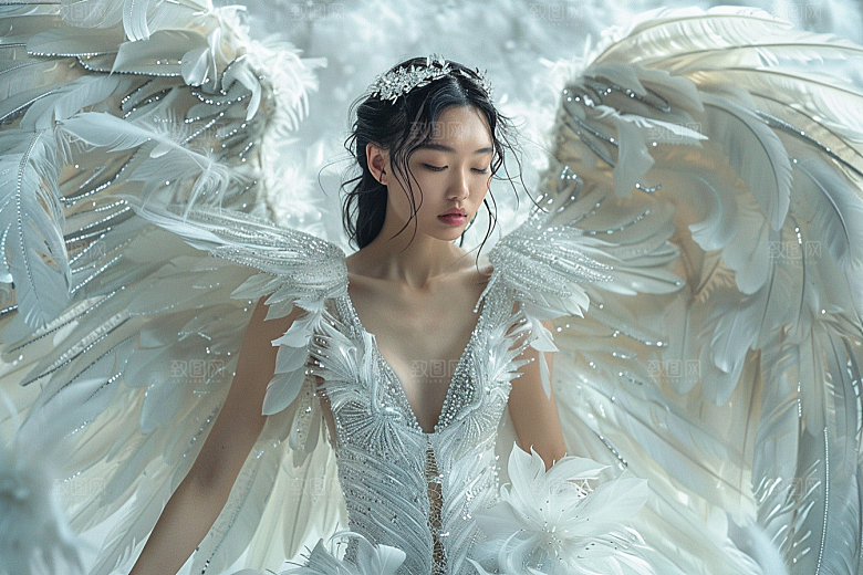 天使女神白色羽毛翅膀摄影图