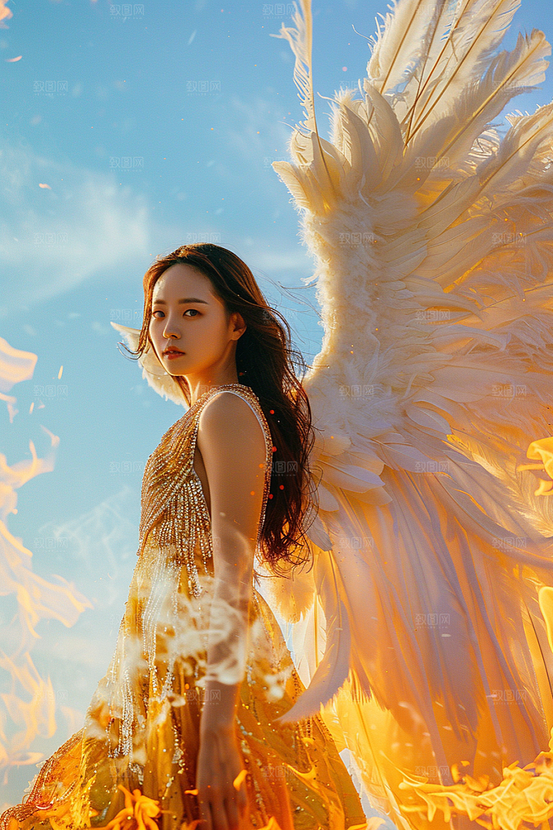 天使女神羽毛翅膀写真摄影图