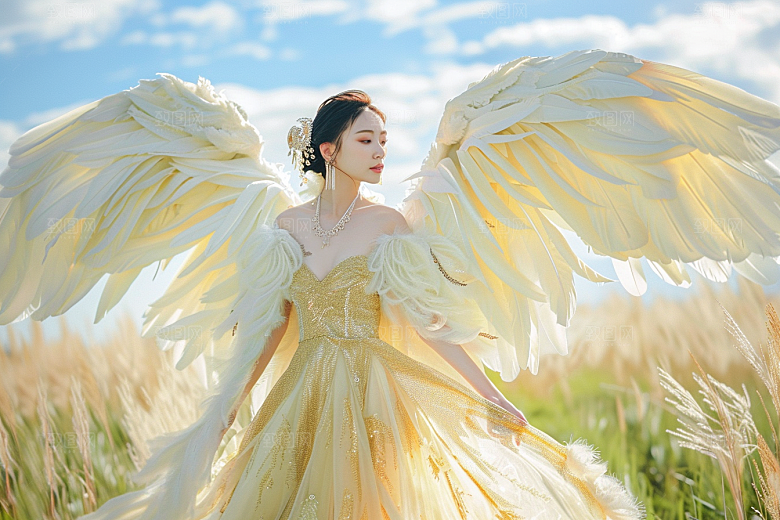 天使女神羽毛翅膀写真摄影图