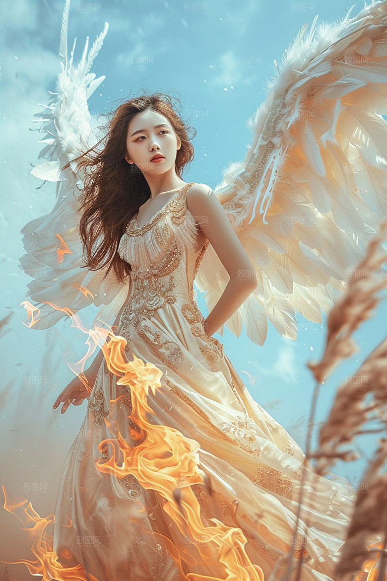 天使女神白色羽毛翅膀摄影图