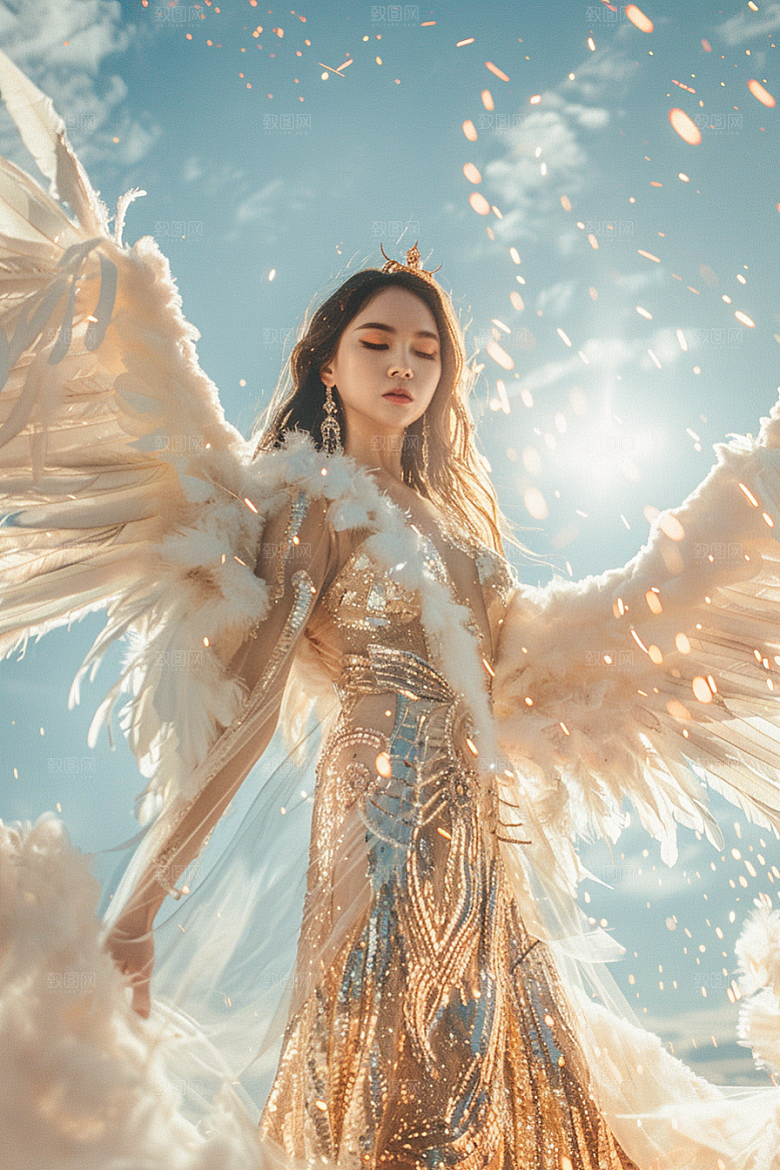 天使女神羽毛翅膀肖像摄影图