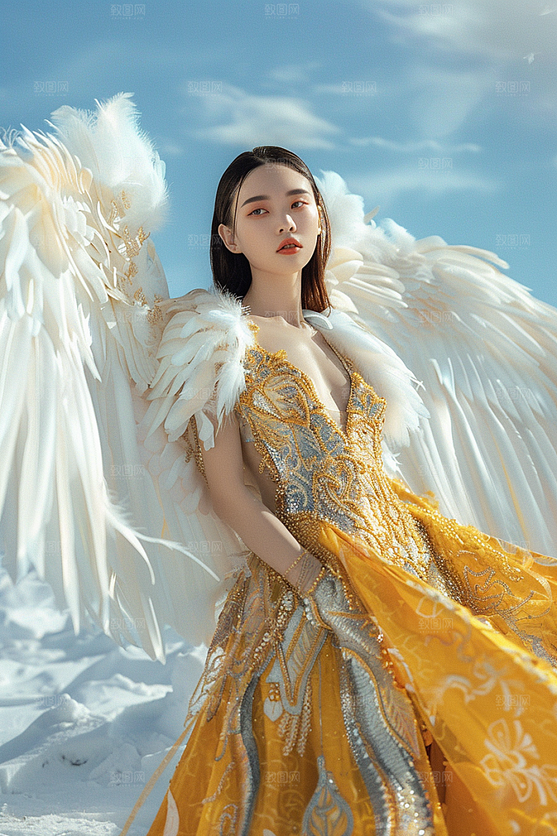 天使女神羽毛翅膀写真摄影图