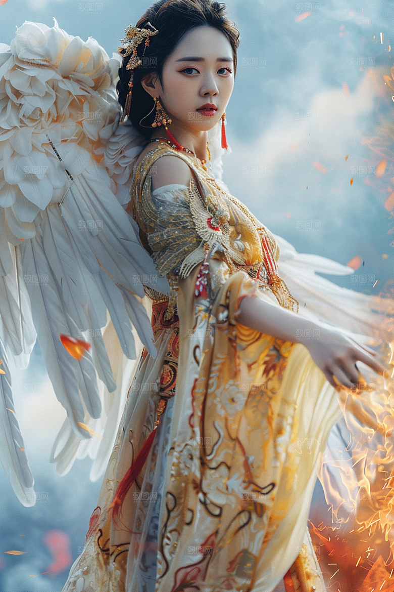 天使女神羽毛翅膀肖像摄影图