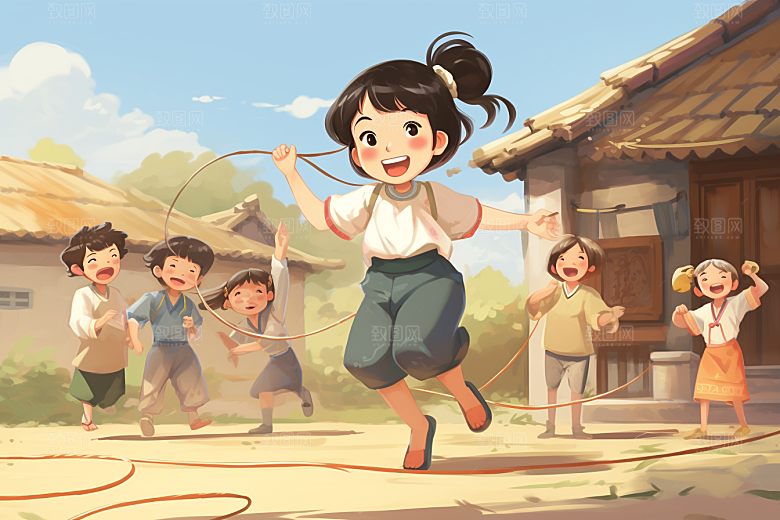 儿童跳绳青春人物插画