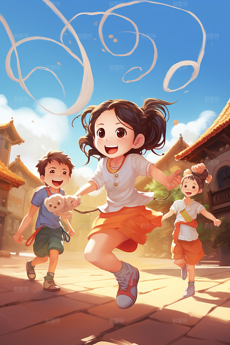 儿童跳绳运动形象插画