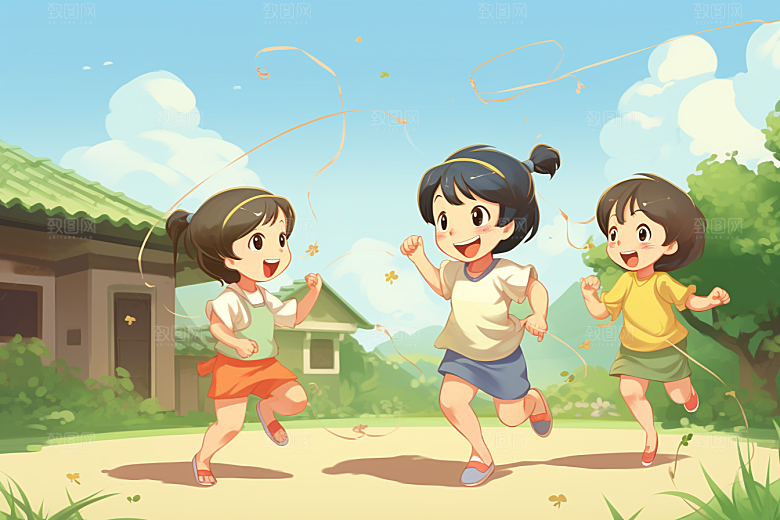 儿童跳绳形象体育插画