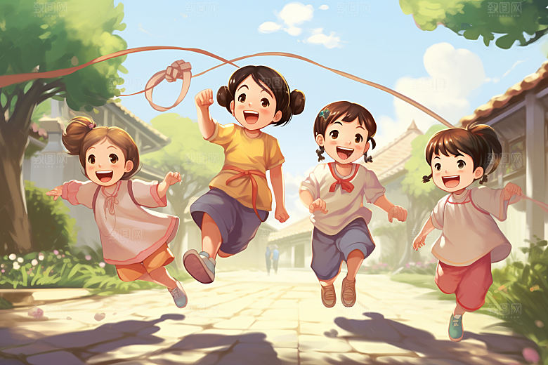 儿童跳绳人物健身插画