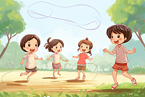 儿童跳绳运动活力插画
